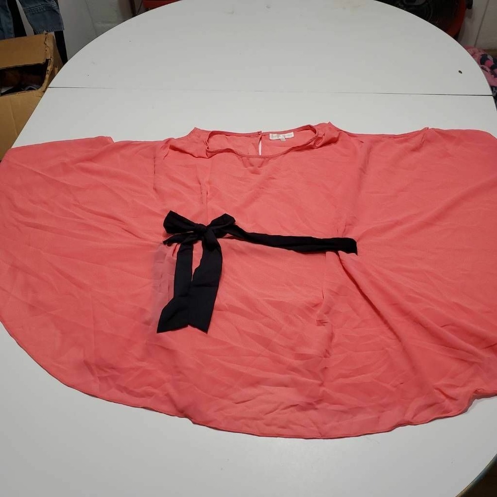 Jealous Tomato Womens Tunic Top Pink Kimono Sleeve Keyhole Tie Front Sheer S